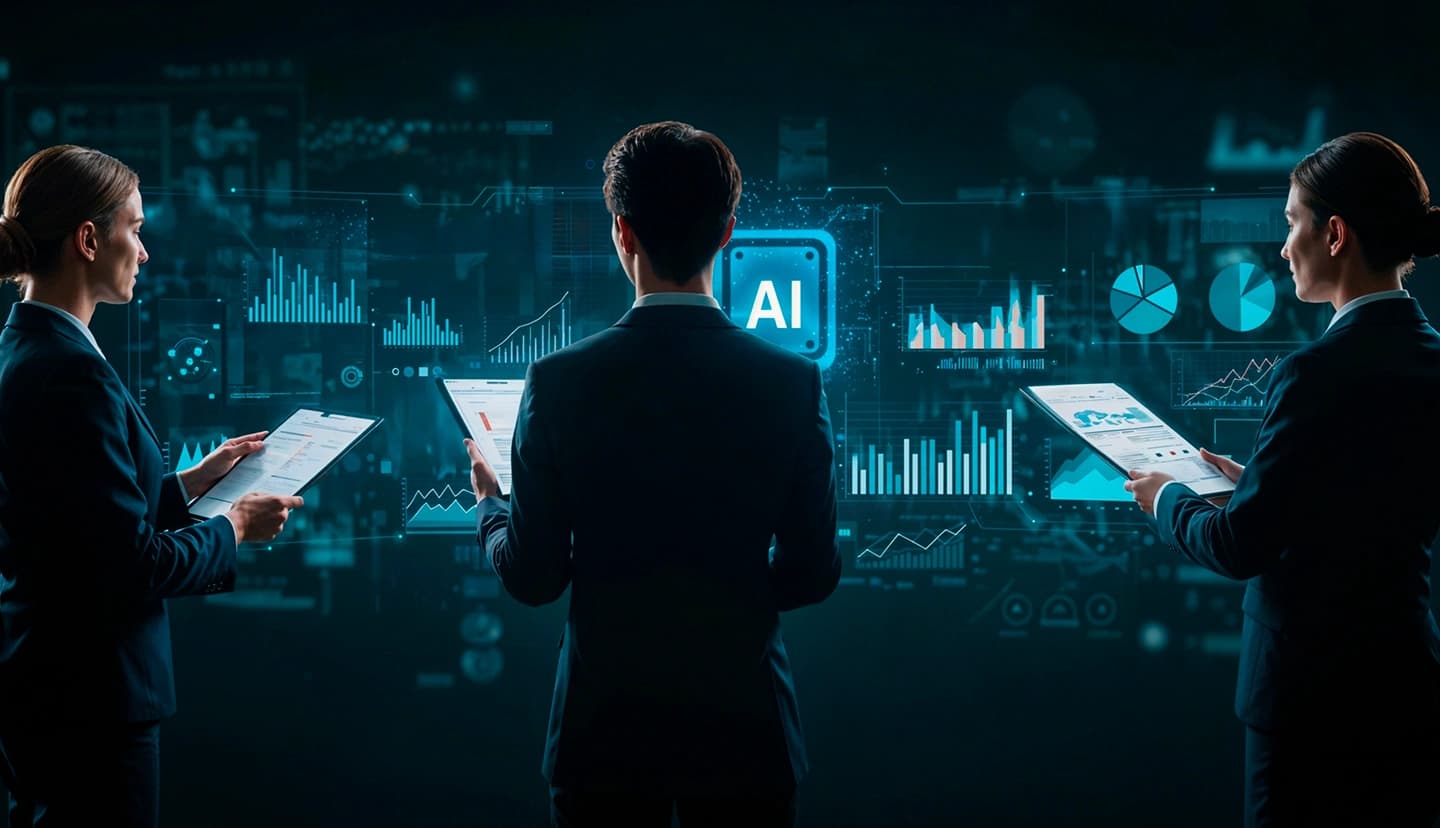 Finance professionals reviewing AI analytics dashboards