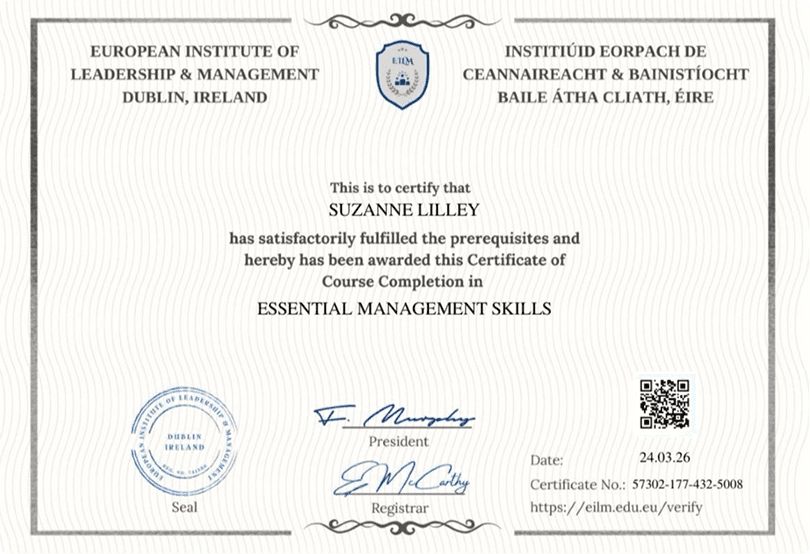 European Institute of Leadership and Management Essential Management Skills certificate awarded to Suzanne Lilley