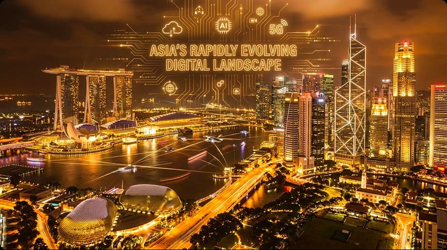 Asia city skyline with digital transformation graphics