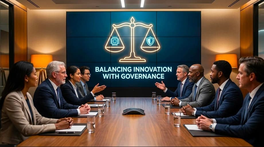 Boardroom discussion about balancing innovation with governance