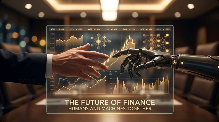 Human and robotic hands reaching across a finance dashboard