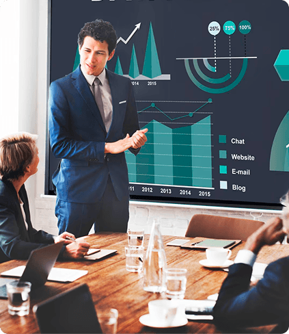 Executive team reviewing business analytics and KPI dashboards