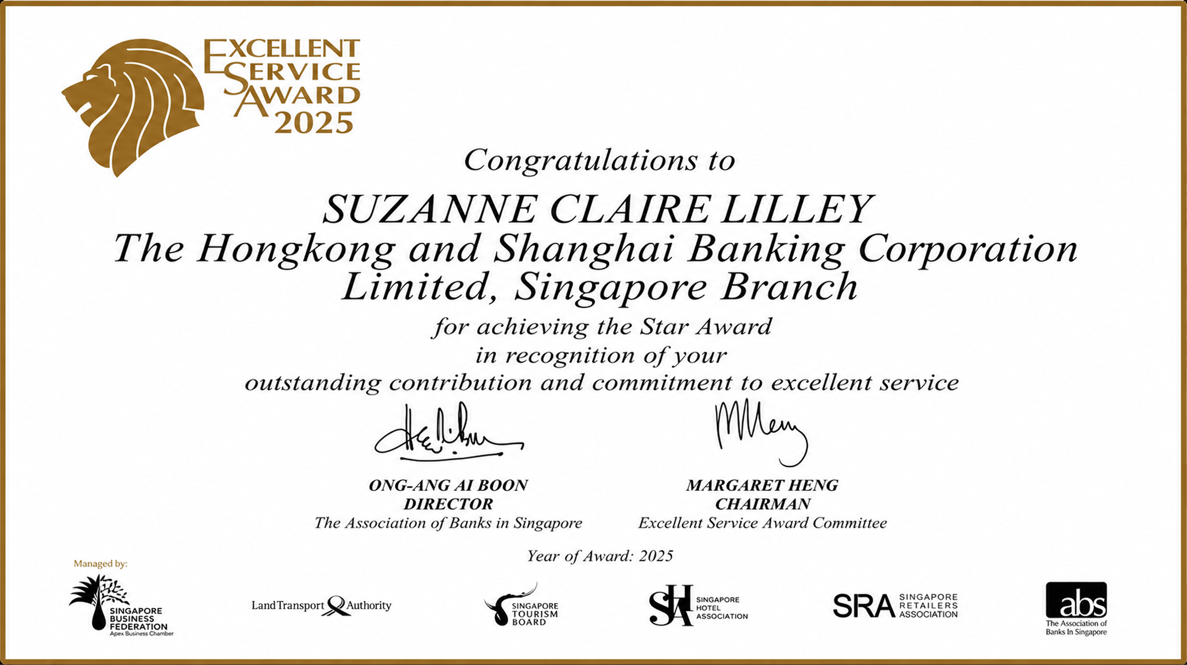 Excellent Service Award 2025 certificate for Suzanne Claire Lilley