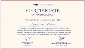 NUS Women in Business certificate of appreciation awarded to Suzanne Lilley